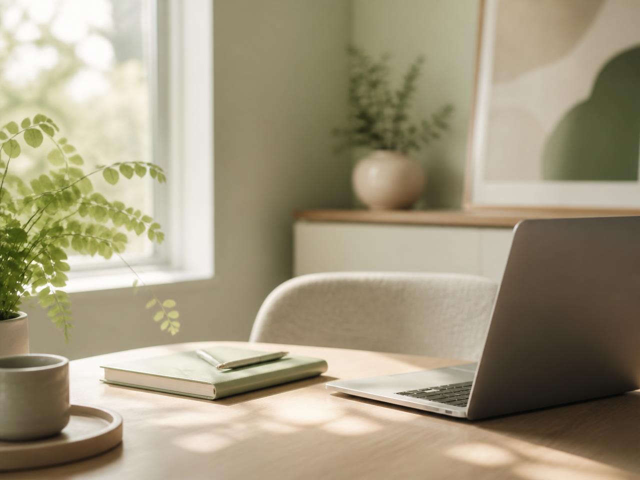 Sunlit home office with a laptop and notebook, set up for remote telehealth evaluations